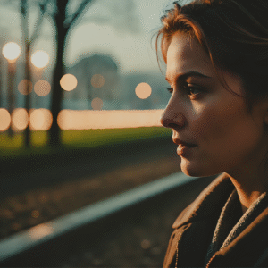 Nachdenkliche Frau im Abendlicht – Symbolbild für Angst vor Nähe und Rückzug in Beziehungen